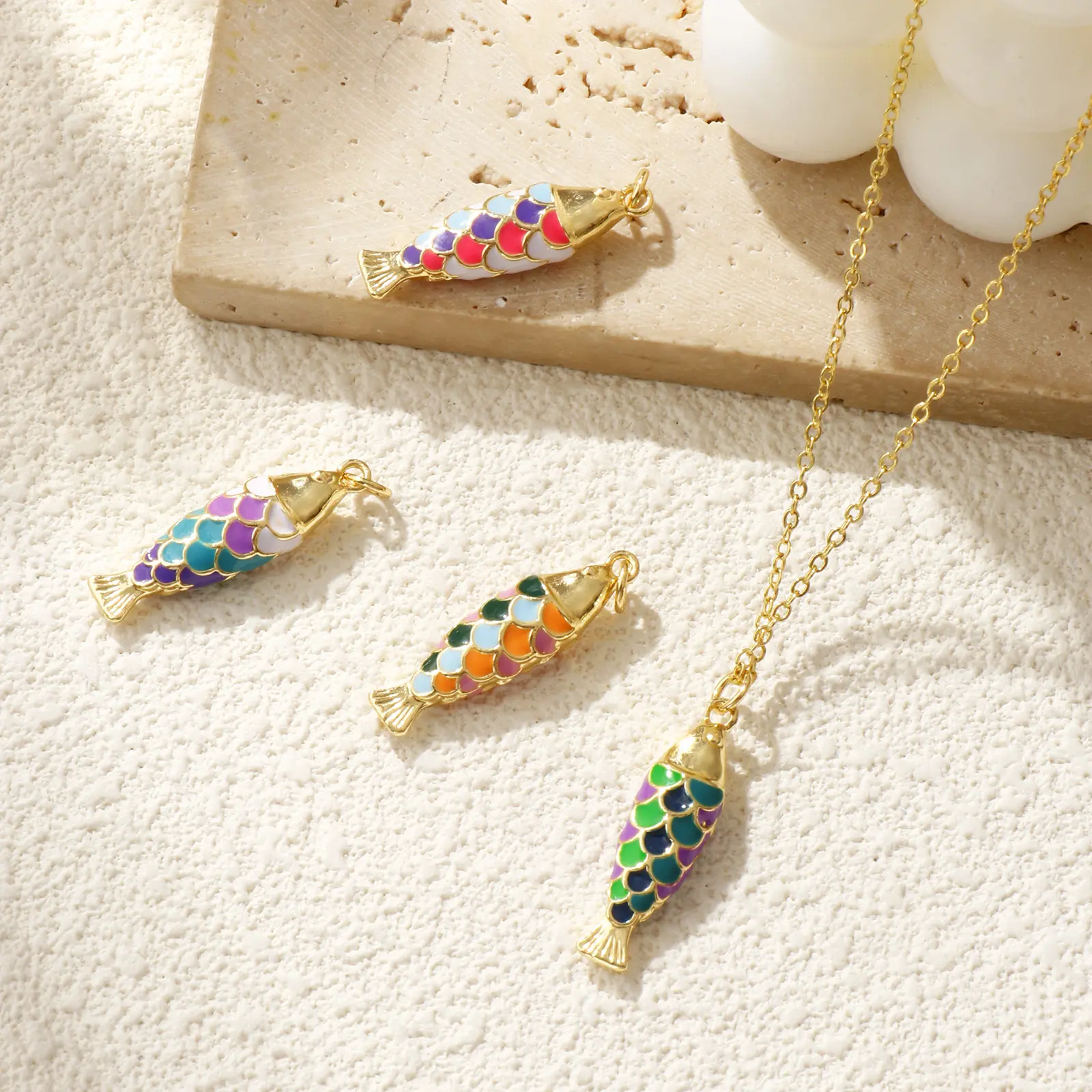 1 Piece Brass Ocean Fish Charm 3D Colorful Enamel Pendant 18K Gold Plated For Necklace Bracelet DIY Making 3.2x0.8cm