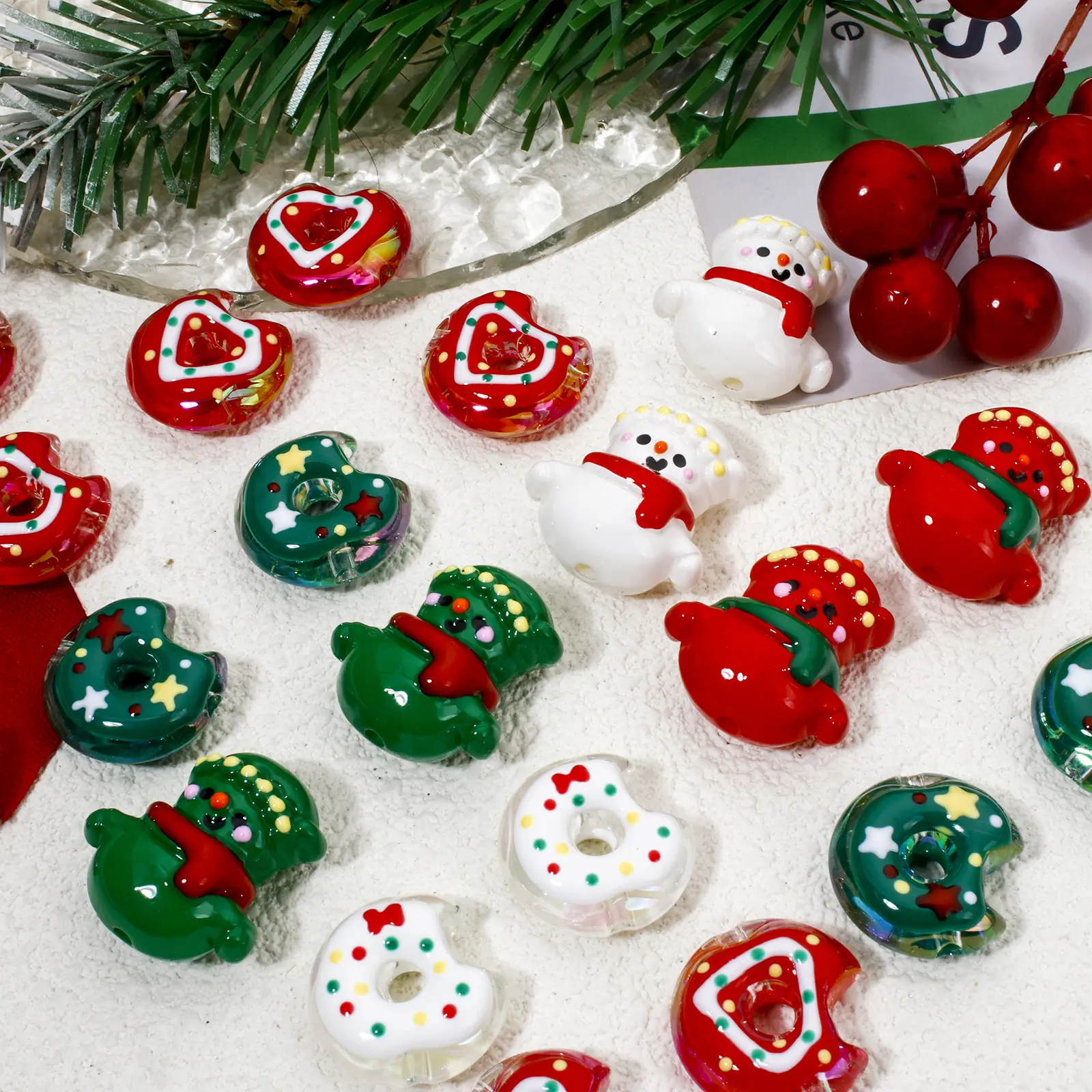 5 PCs Christmas Acrylic Beads For DIY Jewelry Making At Random Mixed Color Christmas Snowman Doughnut Enamel Findings