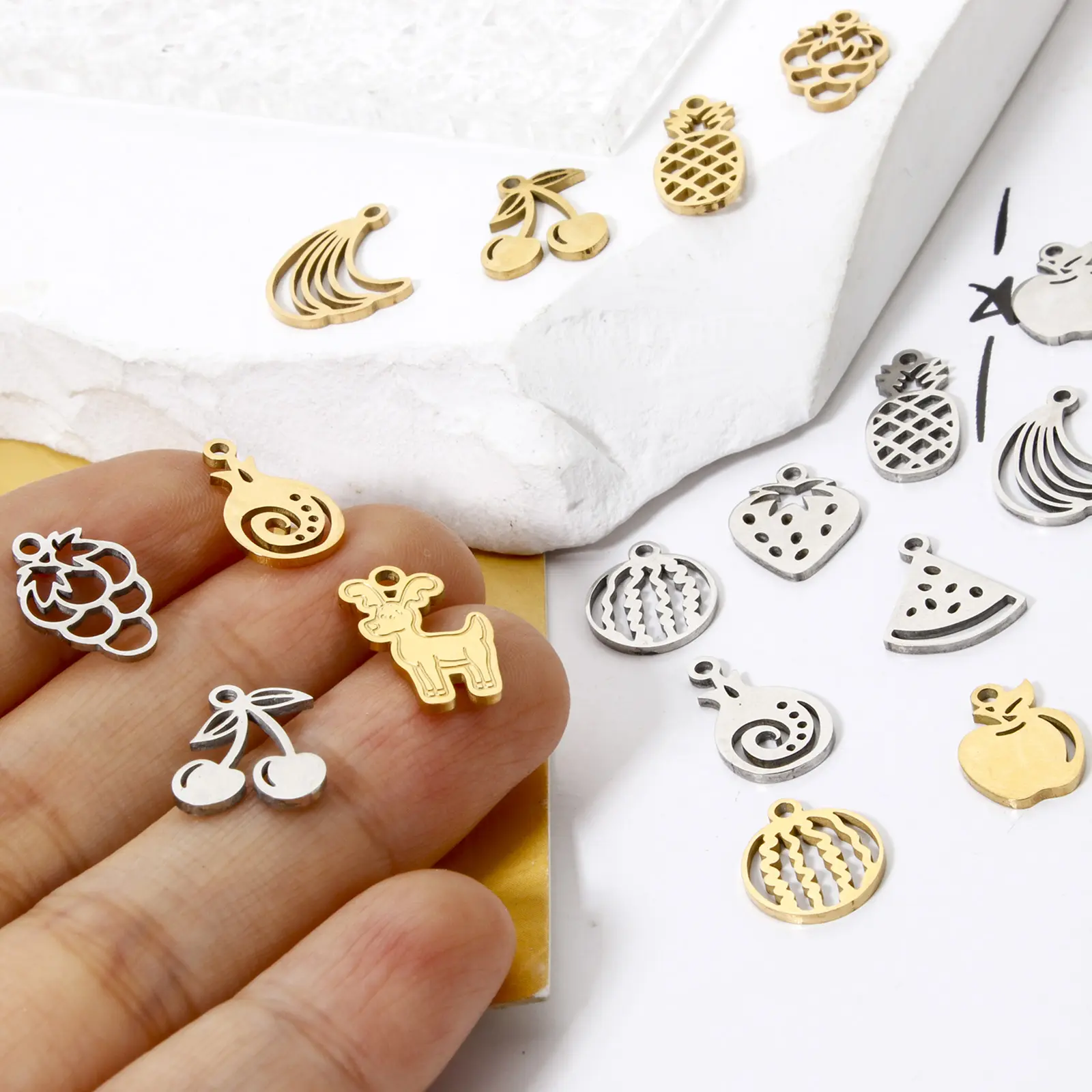 3 PCs 304 Stainless Steel Charms Fruit Hollow Strawberry/Grape/Cherry/Apple Pendants For Jewelry Making DIY Bracelet Necklace