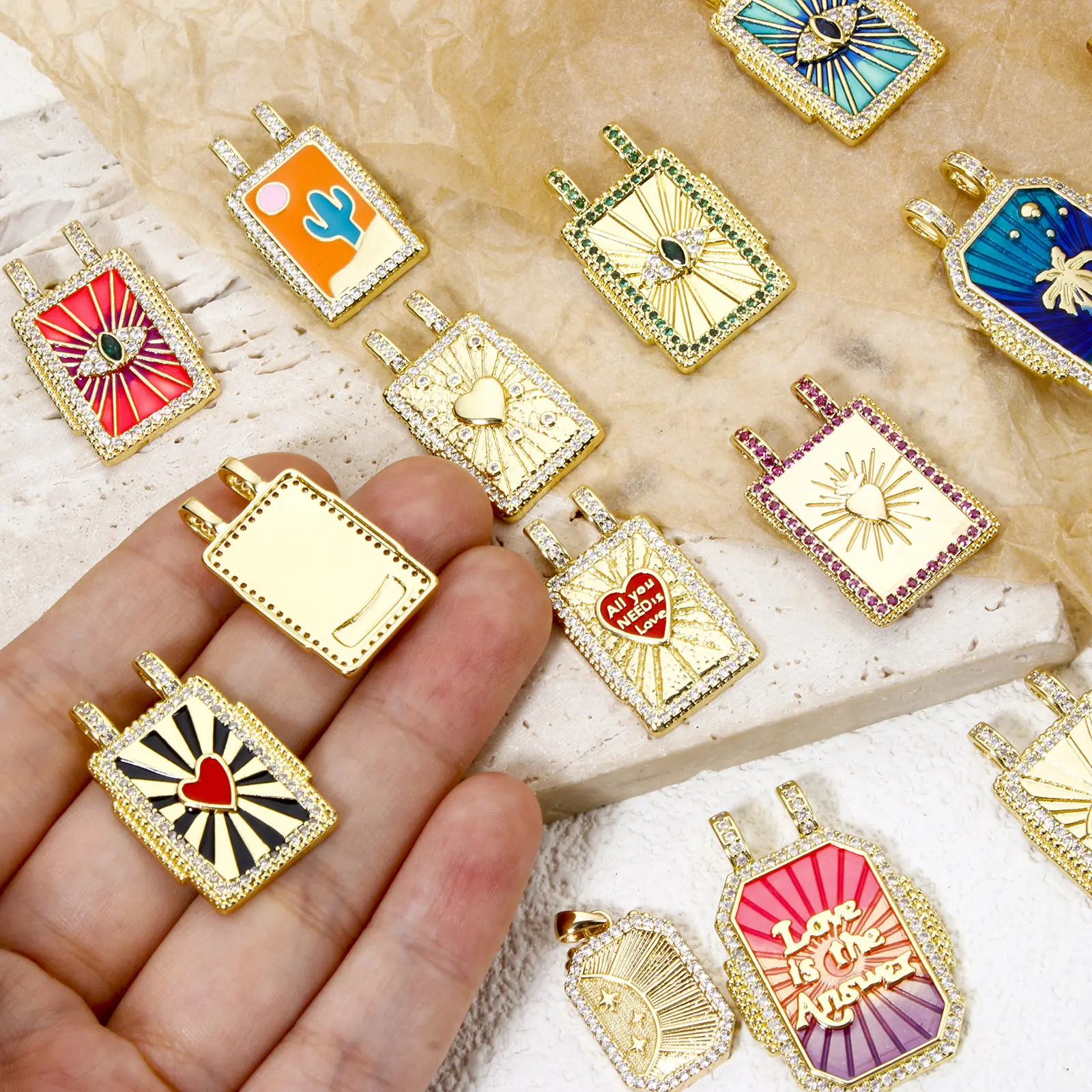 1 Piece Brass Micro Pave Turkish Evil Blue Eye Charms 18K Gold Plated Rectangle Pendants For Necklace Earrings Jewelry Making