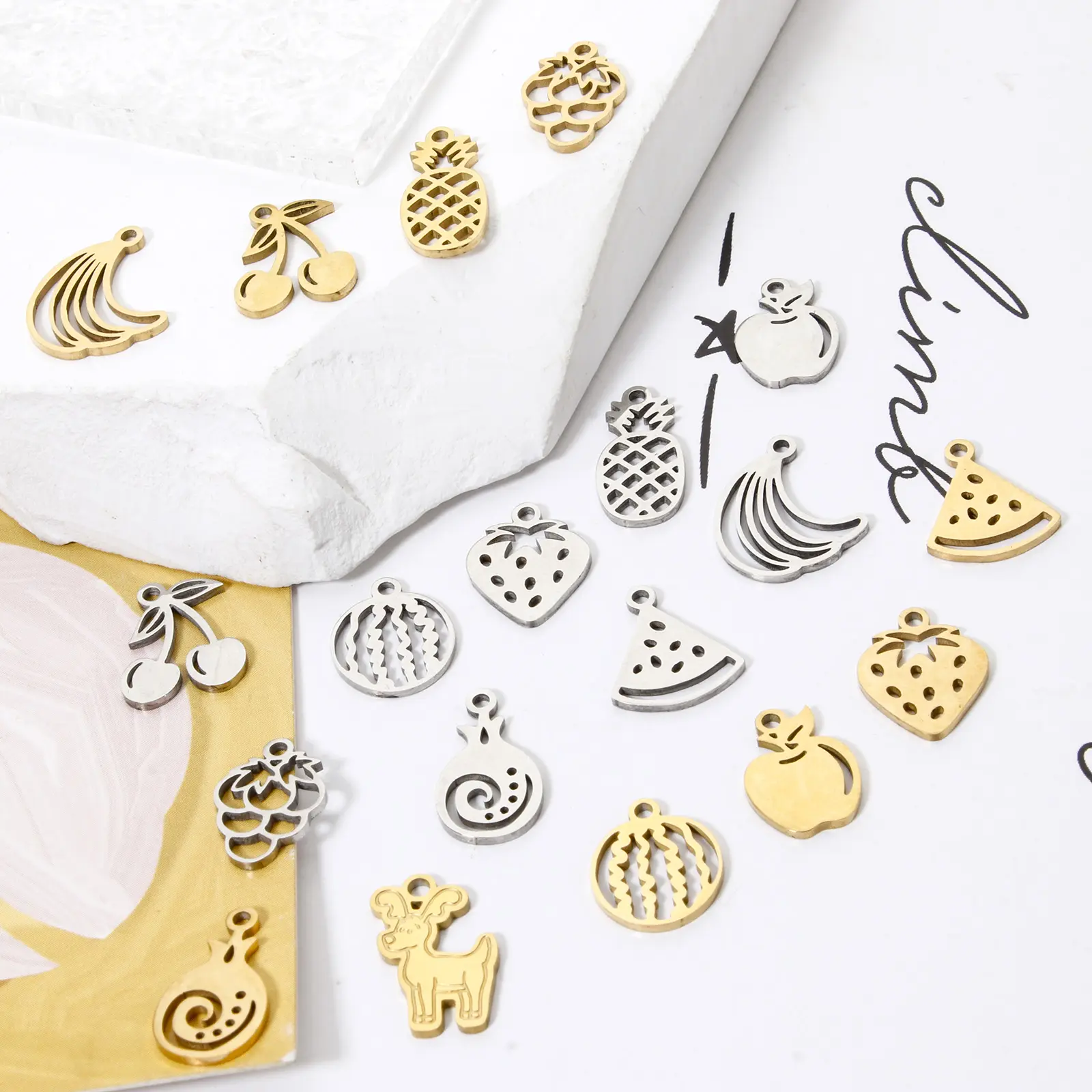 3 PCs 304 Stainless Steel Charms Fruit Hollow Strawberry/Grape/Cherry/Apple Pendants For Jewelry Making DIY Bracelet Necklace