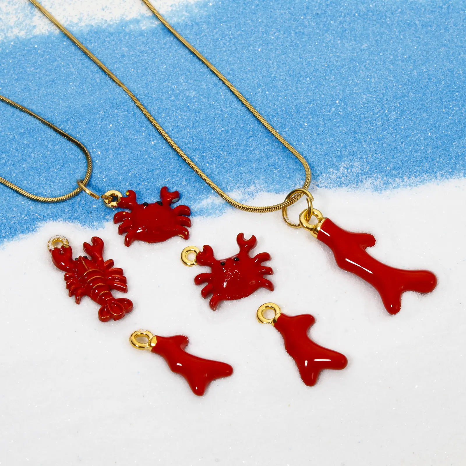 10 PCs Zinc Based Alloy Ocean Jewelry Charms Gold Color Enamel 3D Red Crab Lobster Coral Pendant For Diy Necklace Jewelry Making