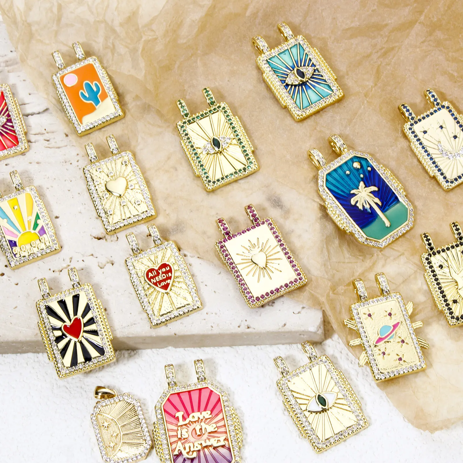 1 Piece Brass Micro Pave Turkish Evil Blue Eye Charms 18K Gold Plated Rectangle Pendants For Necklace Earrings Jewelry Making