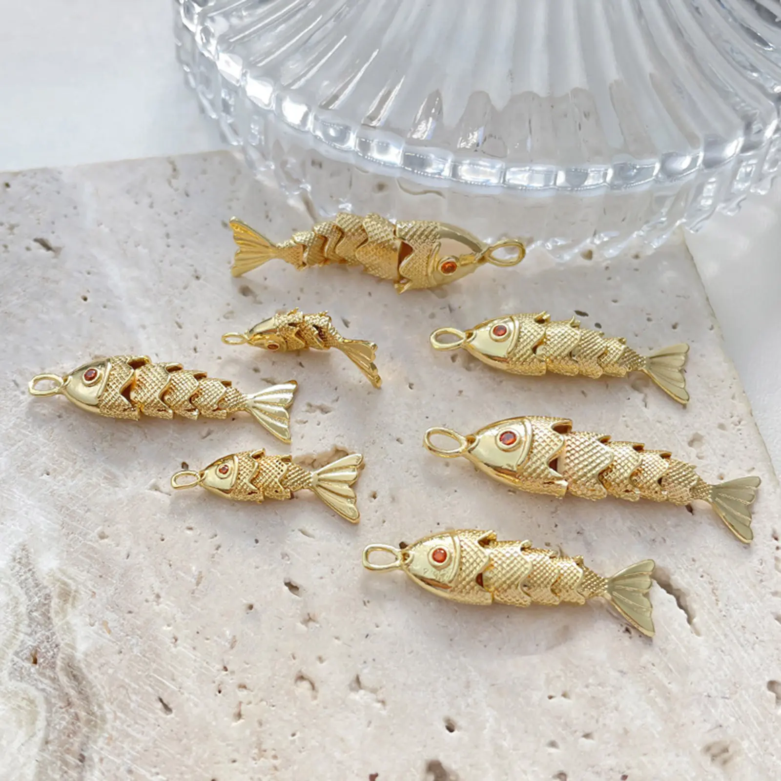 1 Piece Copper Golden Fish Shaped Pendants Pave Red Zircon Ocean Jewelry Charms For Diy Necklace Making Findings