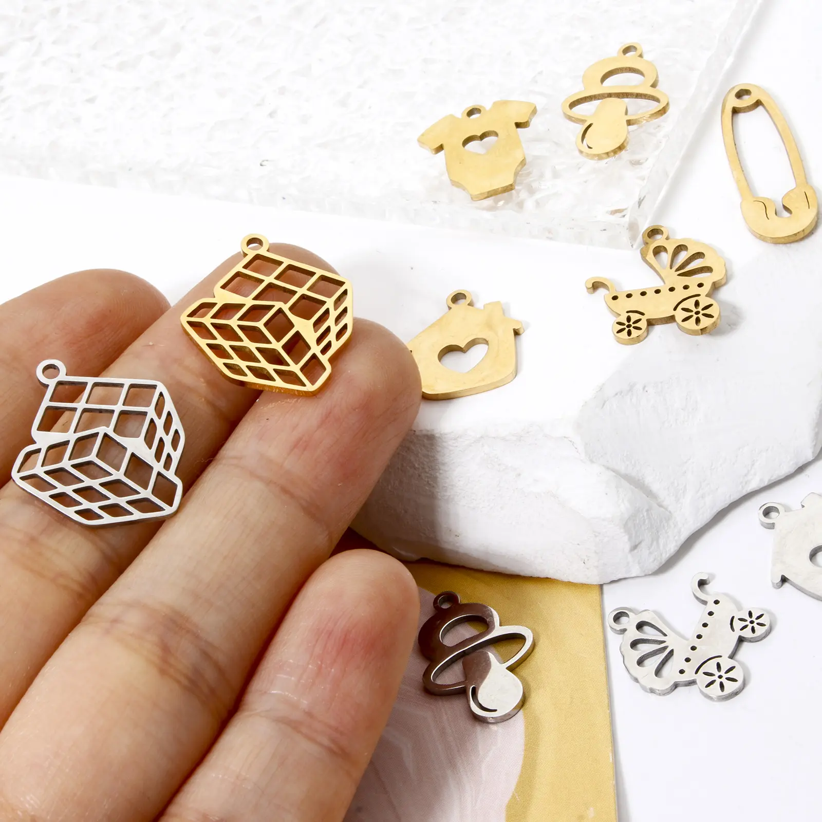 3 PCs 304 Stainless Steel Charms Hollow Nipple/Stroller/Love Heart House/Pin/Magic Cube Pendants DIY Necklace Jewelry Making