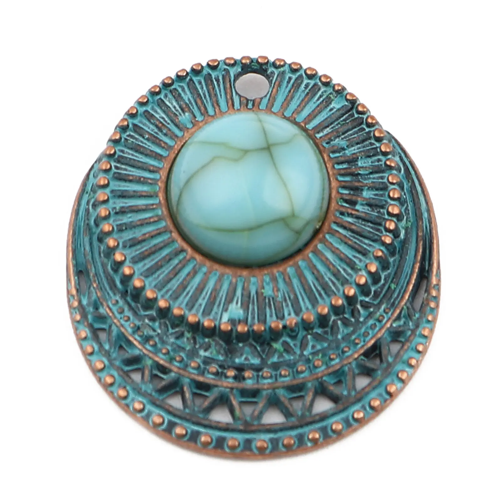 Zinc Based Alloy Patina Pendants Round Antique Copper Green Blue Flower Charms For DIY Necklace Making 33mm x 30mm, 5/10/20 PCs