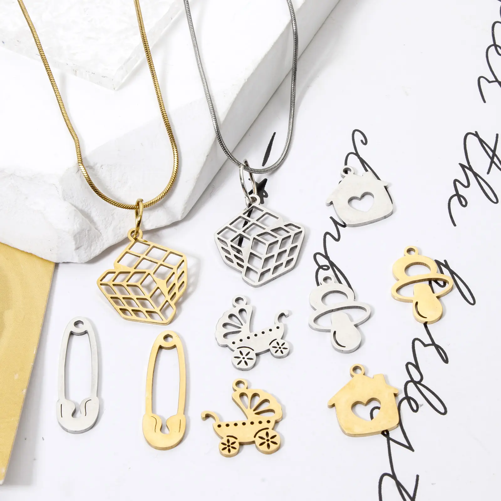 3 PCs 304 Stainless Steel Charms Hollow Nipple/Stroller/Love Heart House/Pin/Magic Cube Pendants DIY Necklace Jewelry Making