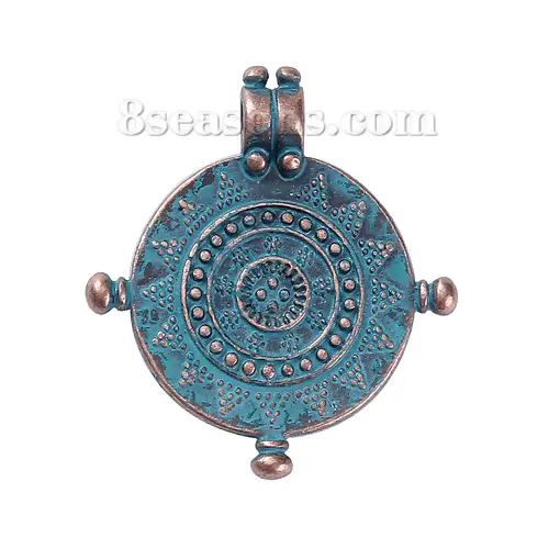 Zinc Based Alloy Patina Pendants Round Antique Copper Green Blue Flower Charms For DIY Necklace Making 33mm x 30mm, 5/10/20 PCs