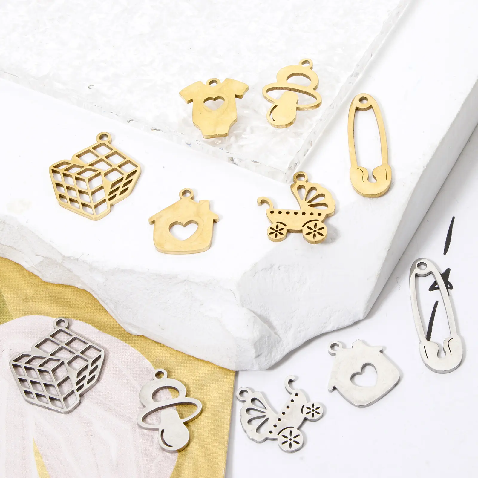 3 PCs 304 Stainless Steel Charms Hollow Nipple/Stroller/Love Heart House/Pin/Magic Cube Pendants DIY Necklace Jewelry Making
