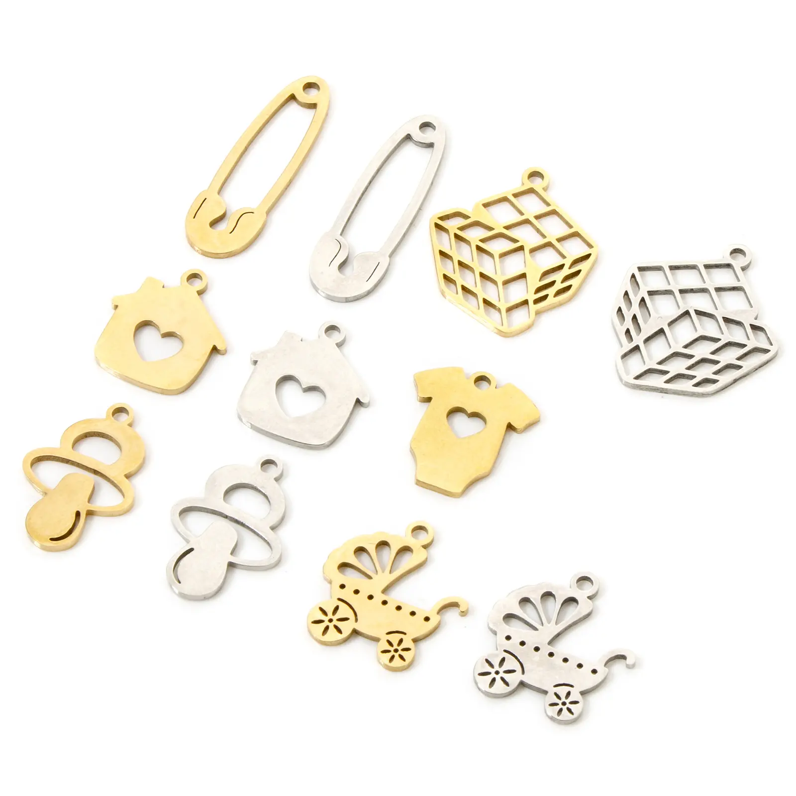 3 PCs 304 Stainless Steel Charms Hollow Nipple/Stroller/Love Heart House/Pin/Magic Cube Pendants DIY Necklace Jewelry Making
