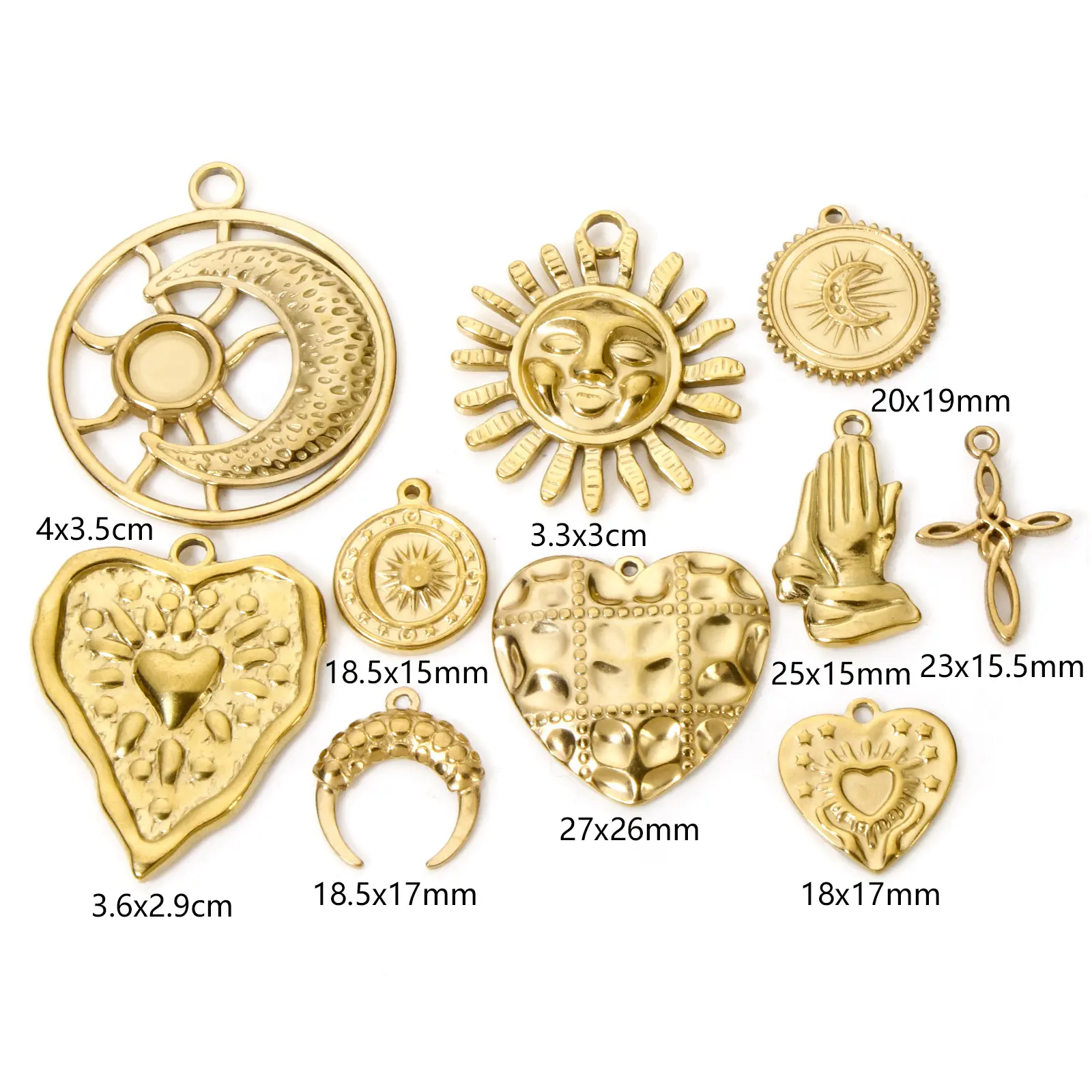 2 PCs 304 Stainless Steel Charms 18K Real Gold Plated Sun Moon Cross Heart Pendants For DIY Necklace Jewelry Making Findings