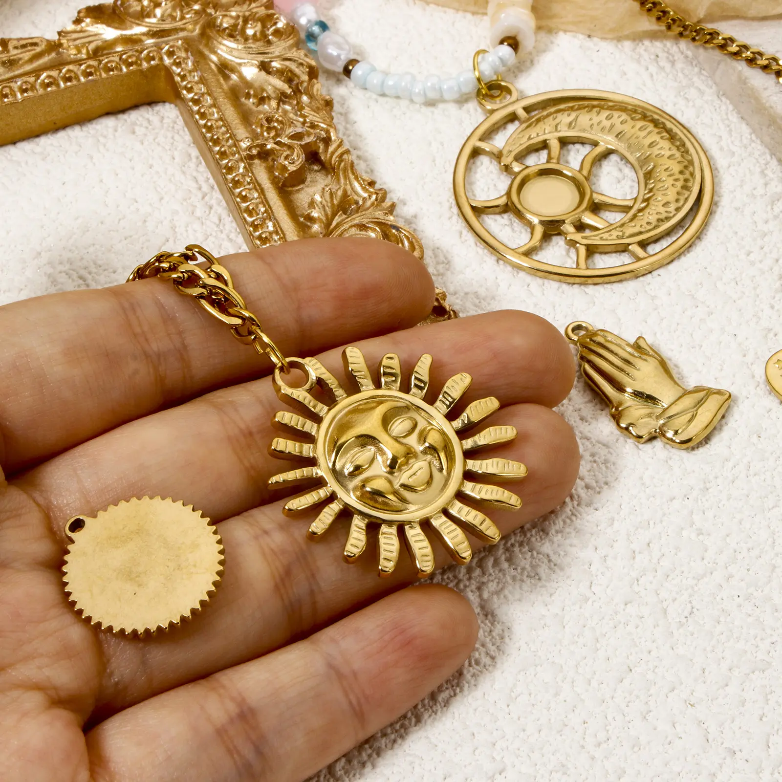 2 PCs 304 Stainless Steel Charms 18K Real Gold Plated Sun Moon Cross Heart Pendants For DIY Necklace Jewelry Making Findings