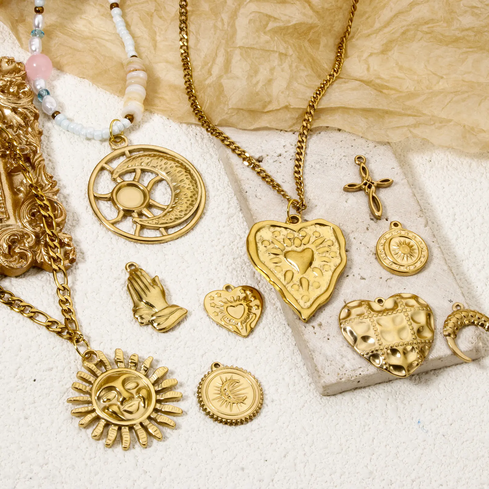 2 PCs 304 Stainless Steel Charms 18K Real Gold Plated Sun Moon Cross Heart Pendants For DIY Necklace Jewelry Making Findings