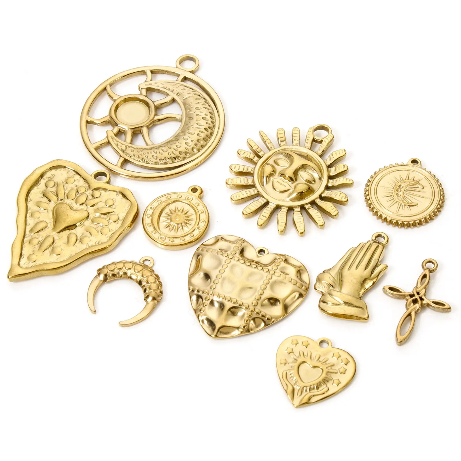 2 PCs 304 Stainless Steel Charms 18K Real Gold Plated Sun Moon Cross Heart Pendants For DIY Necklace Jewelry Making Findings