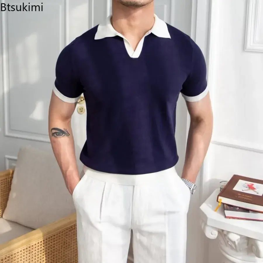 Fashion New Men's Elegant Knitted Polo Shirts Casual Versatile Lapel Tees Summer Breathable Loose Tops for Men Commuter Clothes