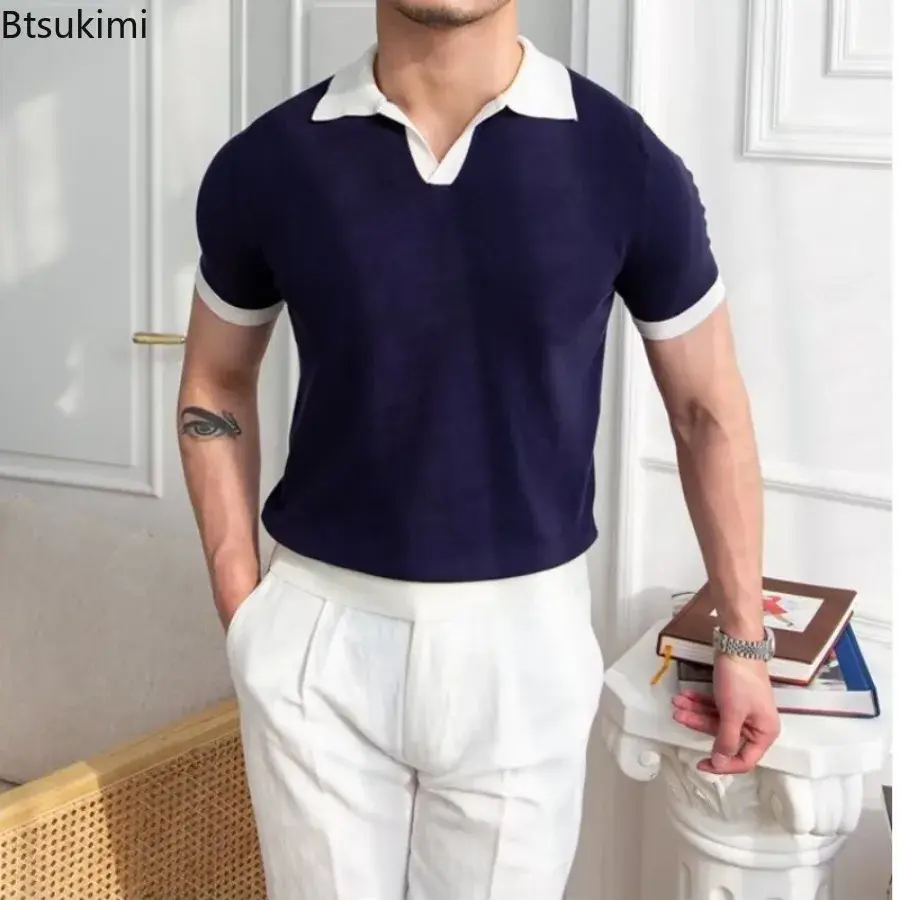 Fashion New Men's Elegant Knitted Polo Shirts Casual Versatile Lapel Tees Summer Breathable Loose Tops for Men Commuter Clothes