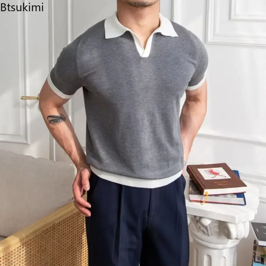 Fashion New Men's Elegant Knitted Polo Shirts Casual Versatile Lapel Tees Summer Breathable Loose Tops for Men Commuter Clothes