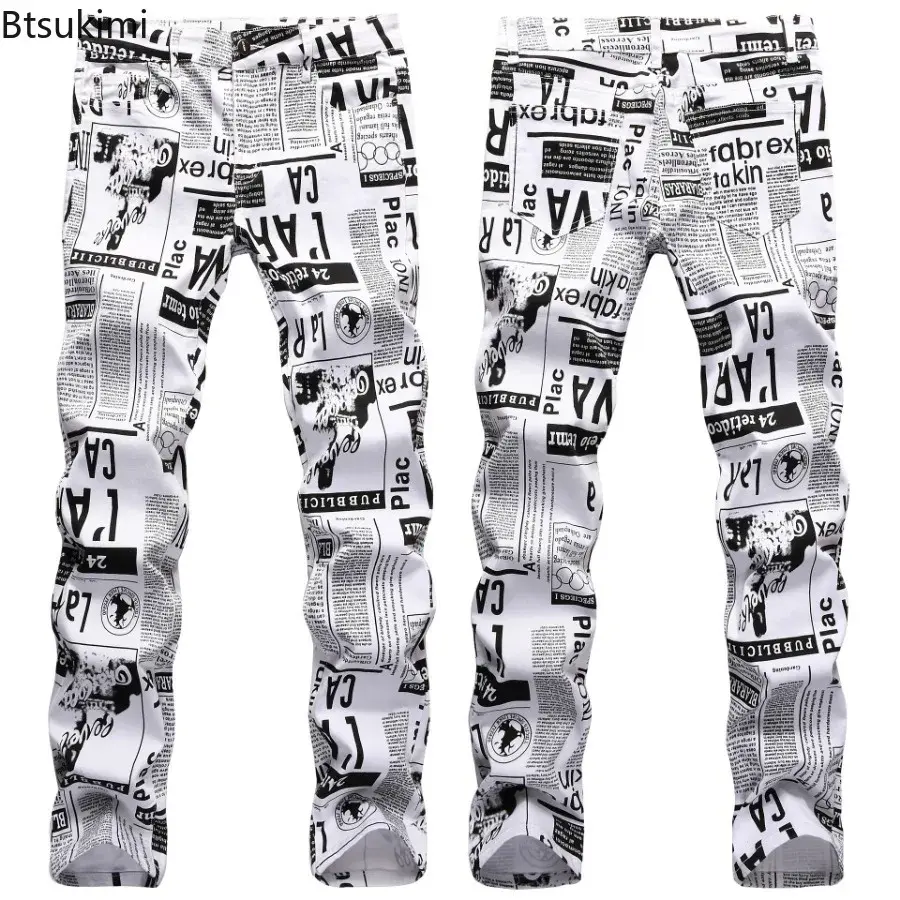 2025 Street Style Men’s Slim Stretch Jeans Trend Newspaper Full Print Personalized Stylish Sexy Denim Pants Men Casual Trousers