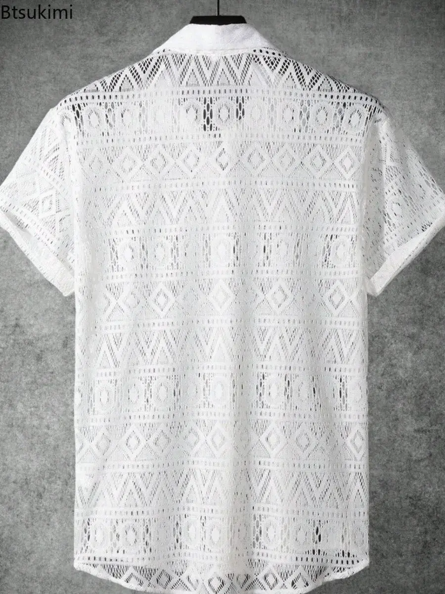 Summer Fashion Men's Lace Hollow Out Shirts Solid Breathable Casual Short-sleeved Cardigan Sexy See Through Mesh Blouse for Male