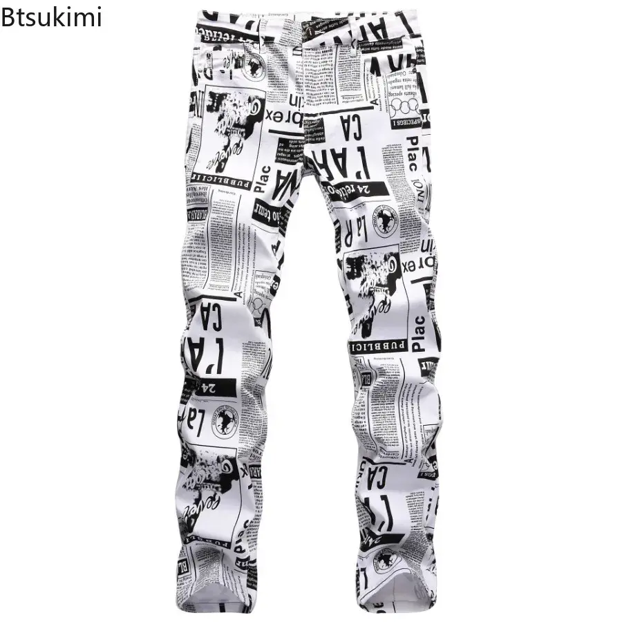 2025 Street Style Men’s Slim Stretch Jeans Trend Newspaper Full Print Personalized Stylish Sexy Denim Pants Men Casual Trousers
