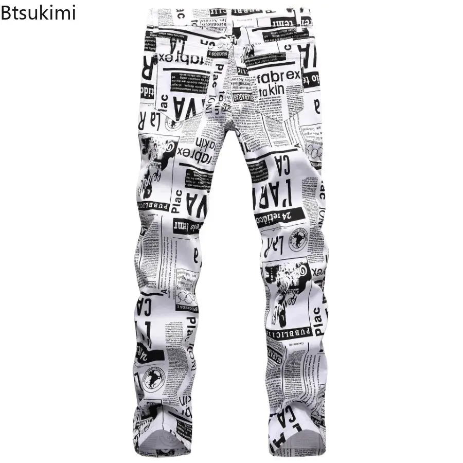 2025 Street Style Men’s Slim Stretch Jeans Trend Newspaper Full Print Personalized Stylish Sexy Denim Pants Men Casual Trousers