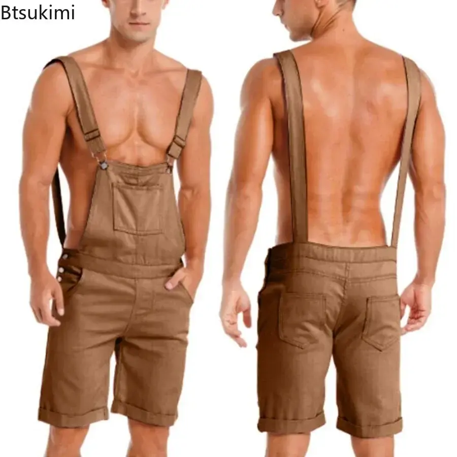Fashion New Men's Vintage Overalls Jumpsuit Cargo Work Short Pants Summer Loose Casual Romper Men Bib Stitch Trousers Streetwear