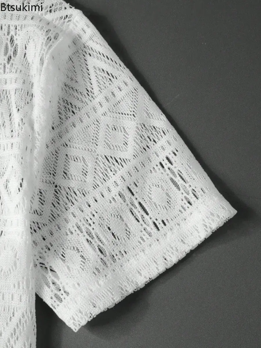 Summer Fashion Men's Lace Hollow Out Shirts Solid Breathable Casual Short-sleeved Cardigan Sexy See Through Mesh Blouse for Male