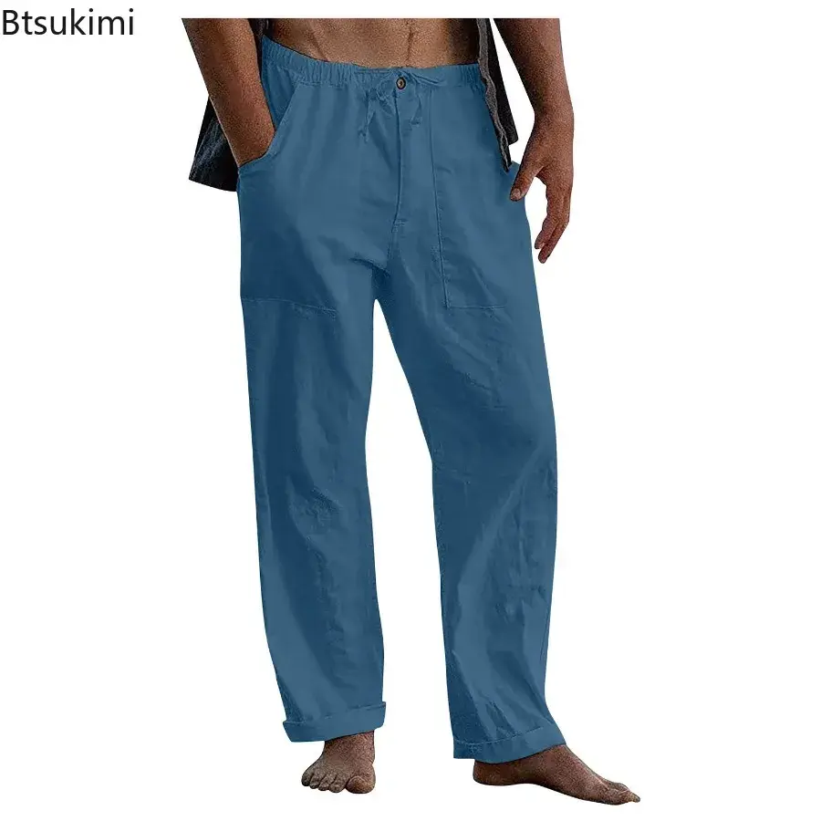 2025 Men's Breathable Cotton Linen Beach Pants Fashion Solid Loose Casual Trousers Summer Drawstring Pocket Straight Yoga Pants