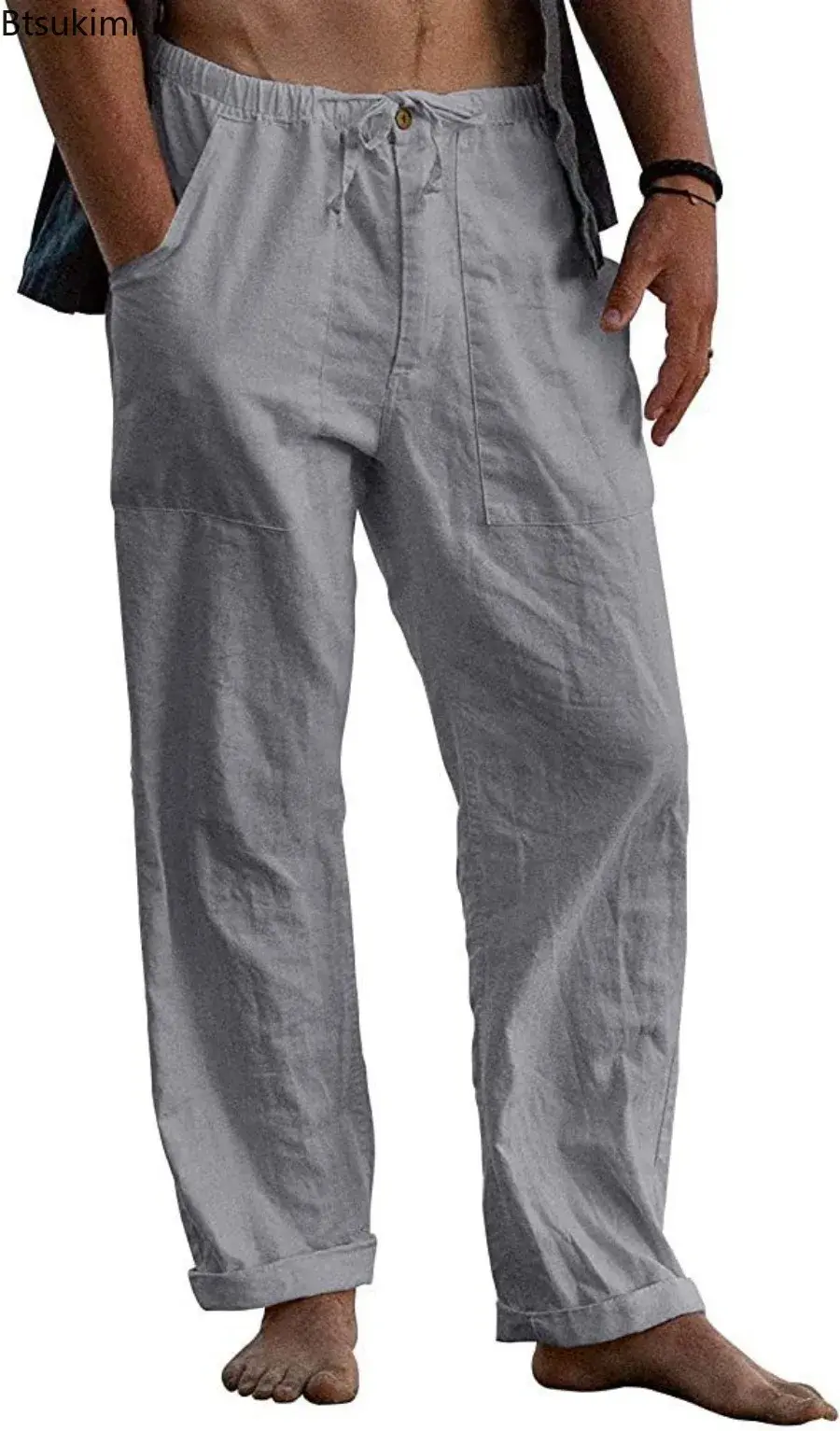2025 Men's Breathable Cotton Linen Beach Pants Fashion Solid Loose Casual Trousers Summer Drawstring Pocket Straight Yoga Pants