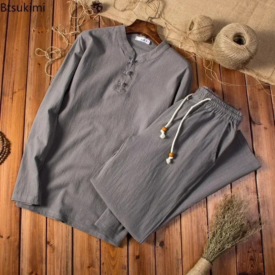 2025 Chinese Style Cotton Linen Casual Suits Spring Autumn Men's Long-sleeved Shirt and Pants Two-pieces Fashion Men Sets M-5XL