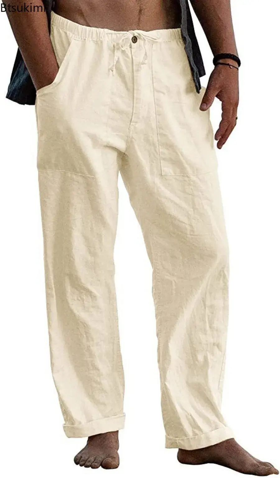 2025 Men's Breathable Cotton Linen Beach Pants Fashion Solid Loose Casual Trousers Summer Drawstring Pocket Straight Yoga Pants