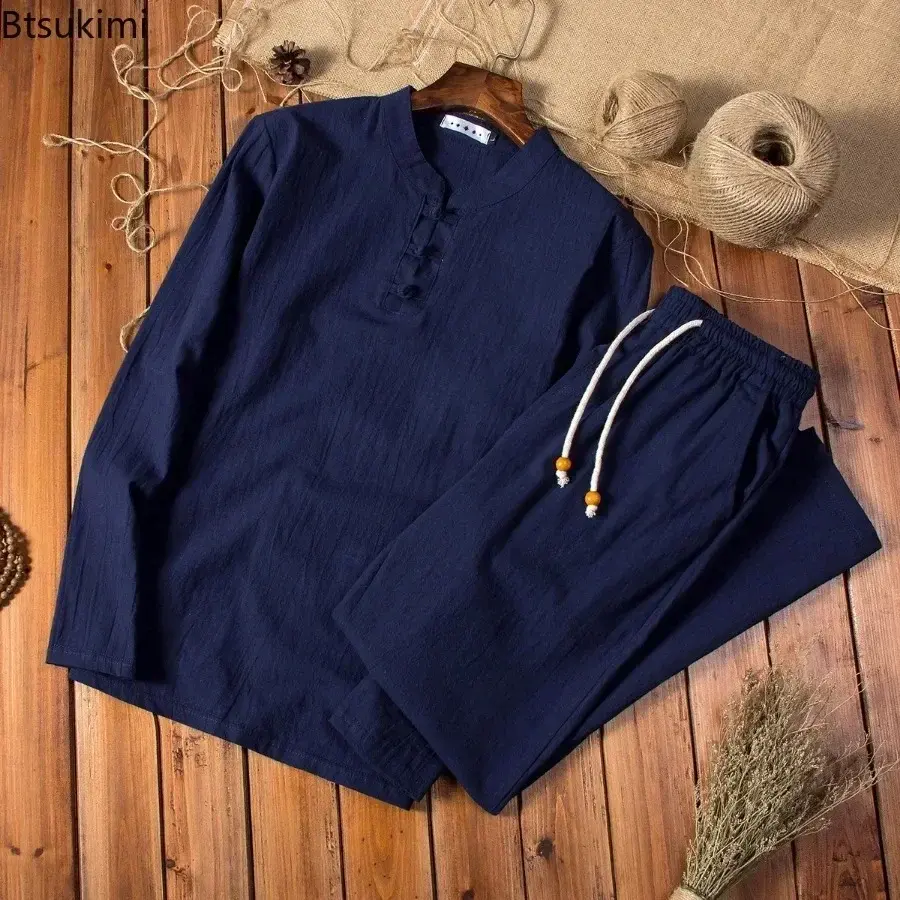 2025 Chinese Style Cotton Linen Casual Suits Spring Autumn Men's Long-sleeved Shirt and Pants Two-pieces Fashion Men Sets M-5XL