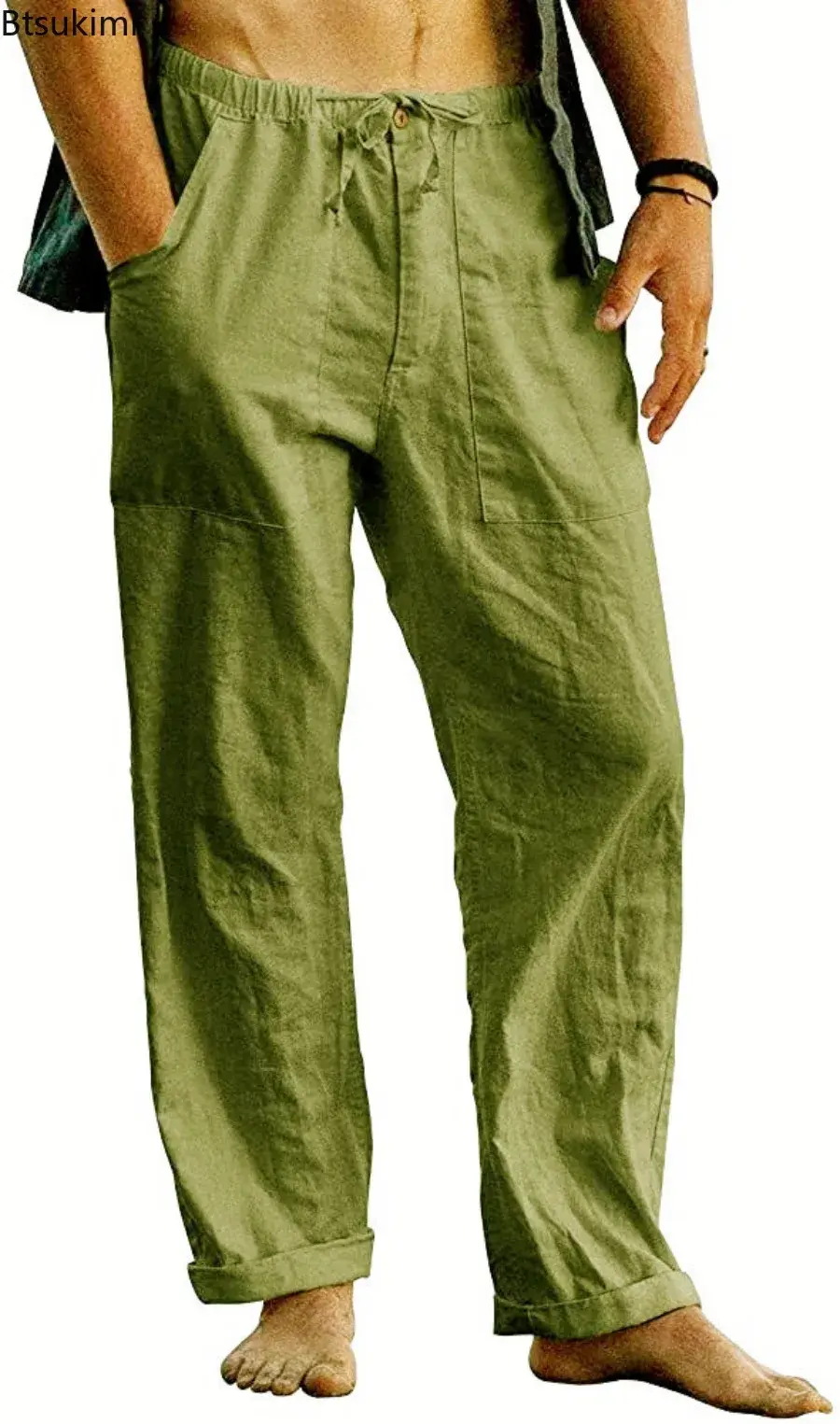 2025 Men's Breathable Cotton Linen Beach Pants Fashion Solid Loose Casual Trousers Summer Drawstring Pocket Straight Yoga Pants