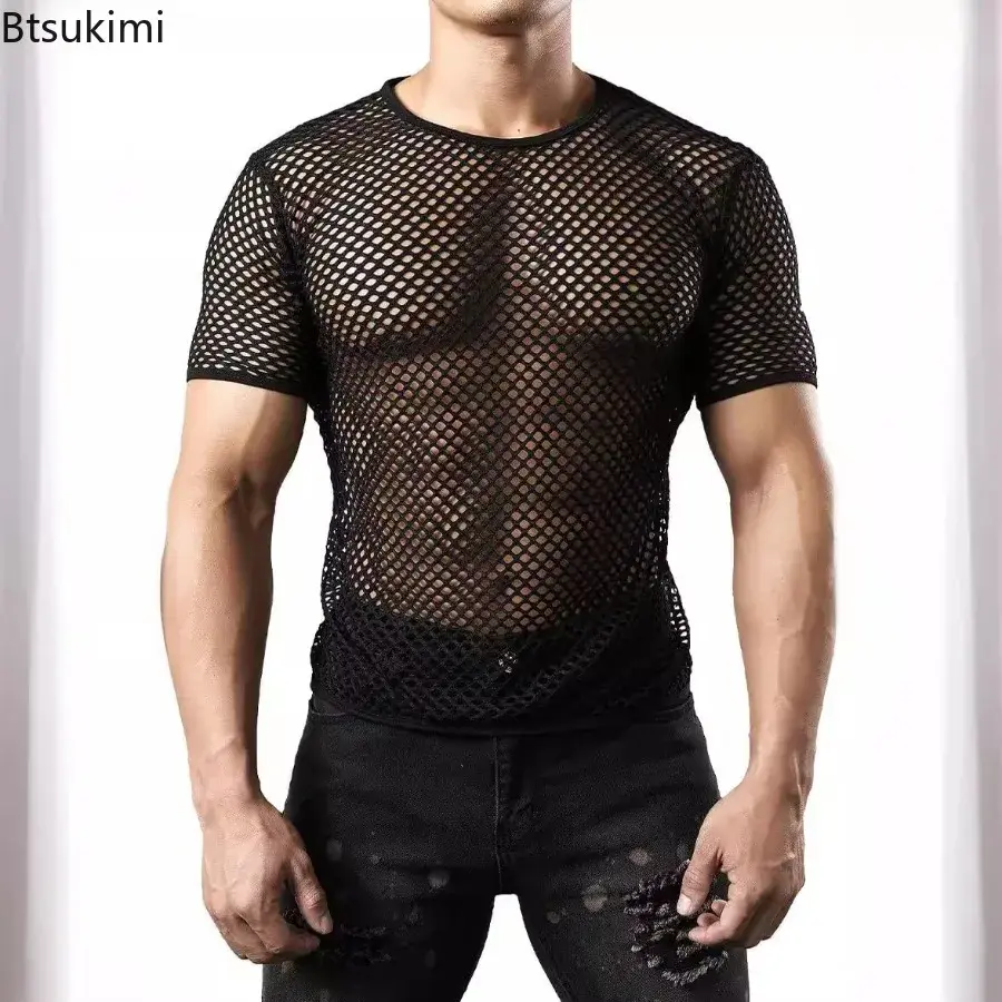 New 2025 Men's Sexy Mesh T-shirts Transparent Hollow Out Fishnet Short Sleeve O-neck Tops Men Sport Fitness Tees Nightclub Vest