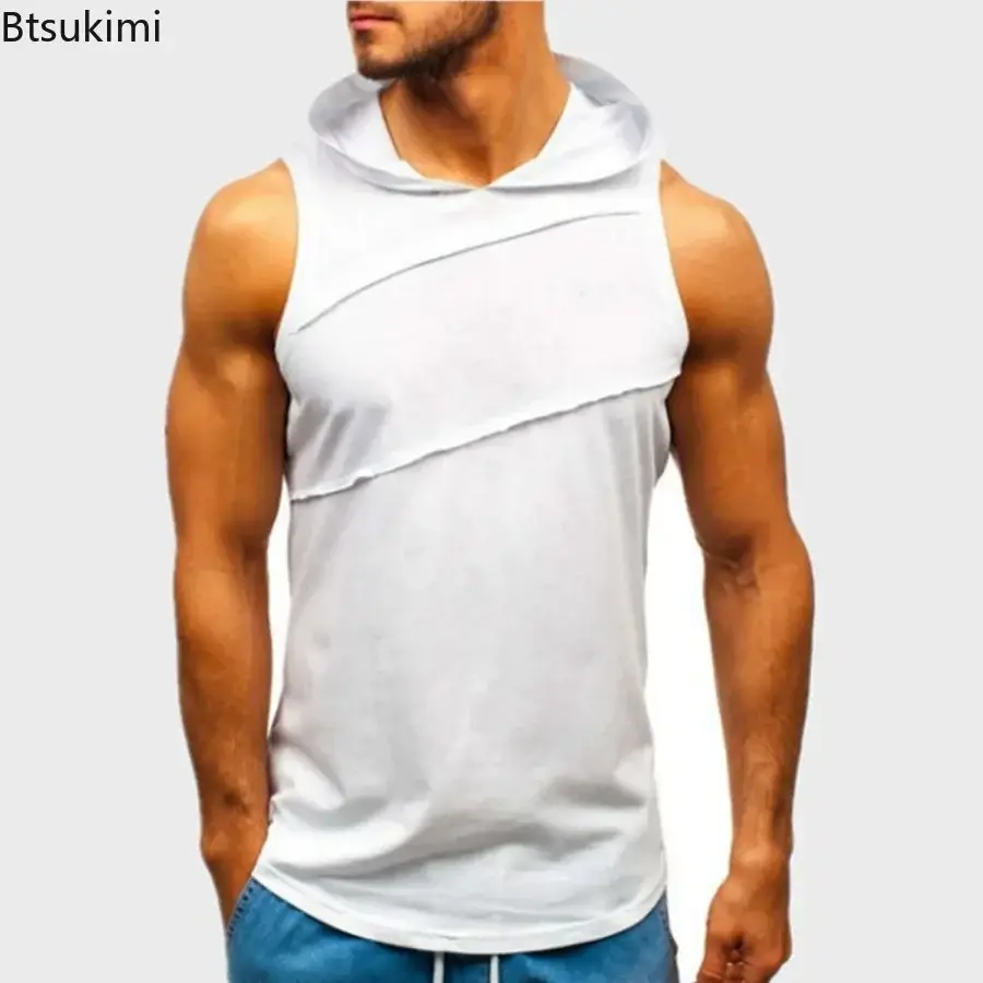 Fashion Hooded Sport T-shirt Men's Sleeveless Loose Casual Tank Tops Running Gym Fitness Vest Men Sportwear Workout Hoodies Tops
