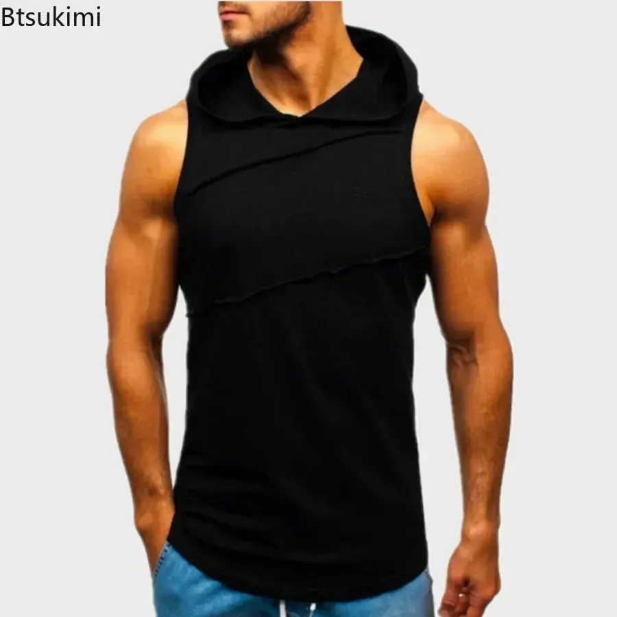 Fashion Hooded Sport T-shirt Men's Sleeveless Loose Casual Tank Tops Running Gym Fitness Vest Men Sportwear Workout Hoodies Tops