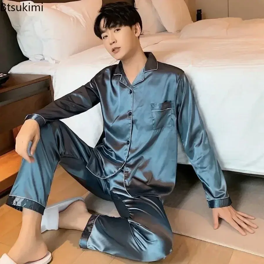 High Quality Men's Casual Pajama Sets Fashion Satin Long Sleeve Lapel Tops and Pants Homewaer Suit Men Comfort Lounge Sleepwear