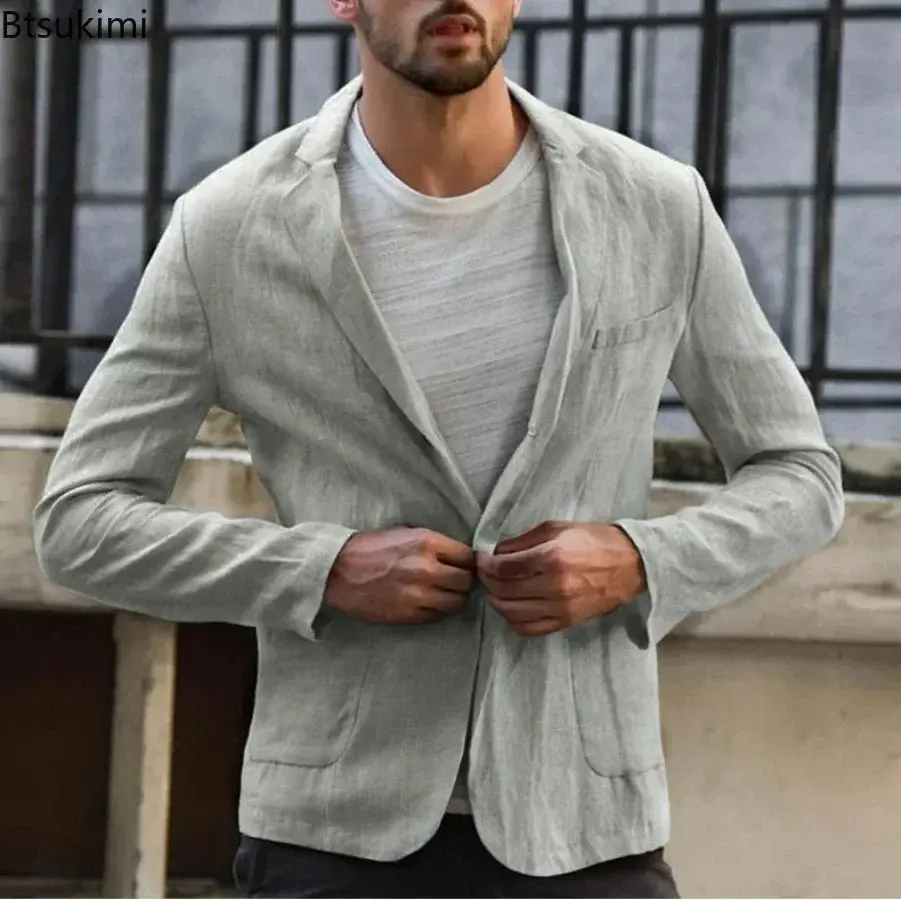 New Men's Spring Cotton Linen Long-sleeved Blazers Fashion Solid Slim Thin Suit Jacket Men Business Casual All-match Suit Coats