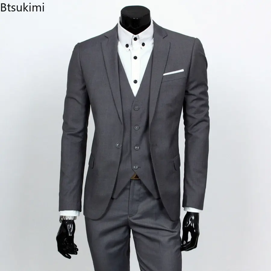 New Men's Fashion Korean Slim Suits Sets Solid Blazer Jacket+Vest+Pants Three Pieces Sets Men Business Wedding Groom Blazer Sets