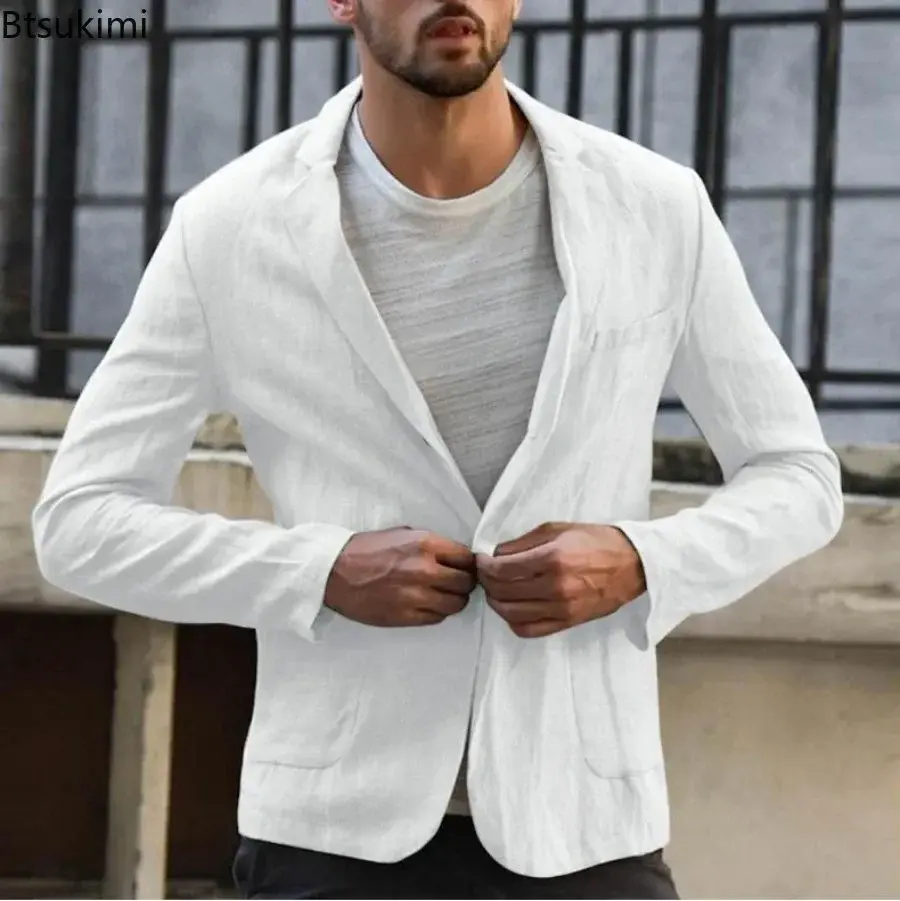 New Men's Spring Cotton Linen Long-sleeved Blazers Fashion Solid Slim Thin Suit Jacket Men Business Casual All-match Suit Coats