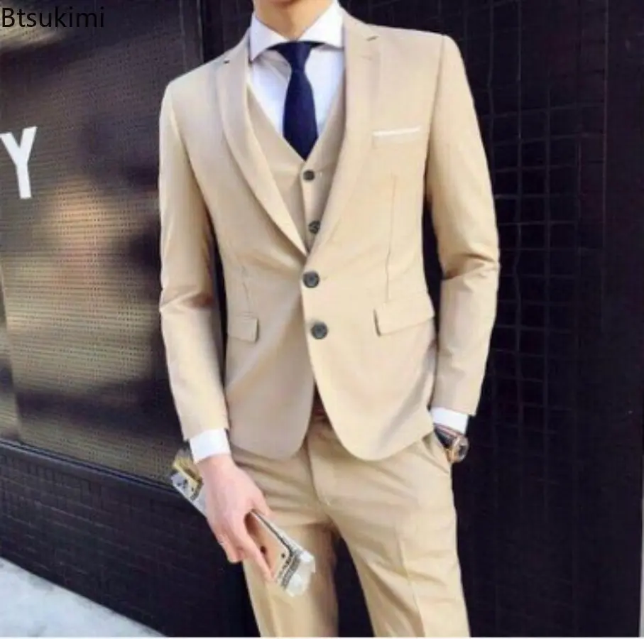 New Men's Fashion Korean Slim Suits Sets Solid Blazer Jacket+Vest+Pants Three Pieces Sets Men Business Wedding Groom Blazer Sets
