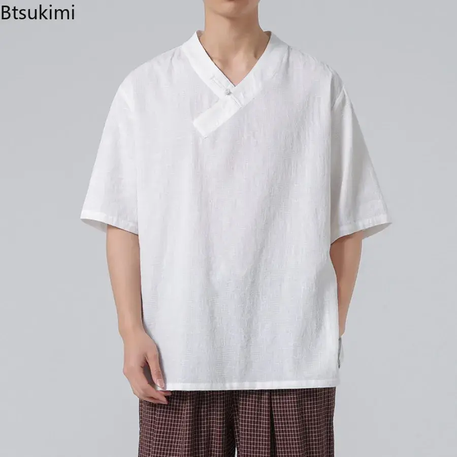 2025 Traditional Chinese Hanfu Tops Men's Loose Casual T-shirt Kimono Breathable Retro Cotton Linen Shirt TaiChi Kung Fu Uniform