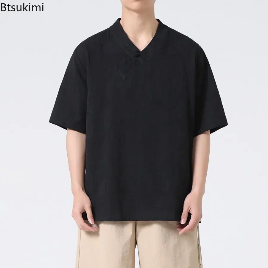 2025 Traditional Chinese Hanfu Tops Men's Loose Casual T-shirt Kimono Breathable Retro Cotton Linen Shirt TaiChi Kung Fu Uniform