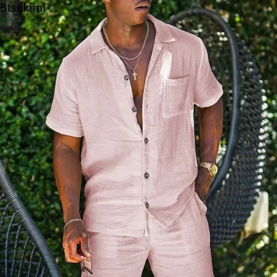 2025 Men's Summer Cotton Linen Casual Sets Fashion Short-sleeved Loose Shirt and Shorts Two-pieces Sets Men Beach Holiday Outfit