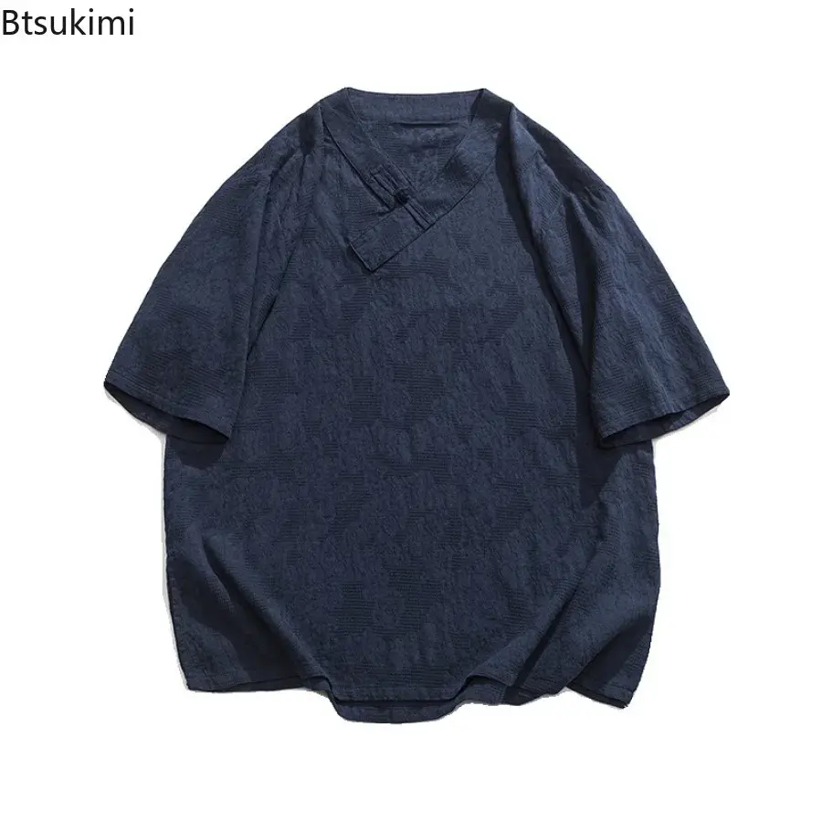 2025 Traditional Chinese Hanfu Tops Men's Loose Casual T-shirt Kimono Breathable Retro Cotton Linen Shirt TaiChi Kung Fu Uniform