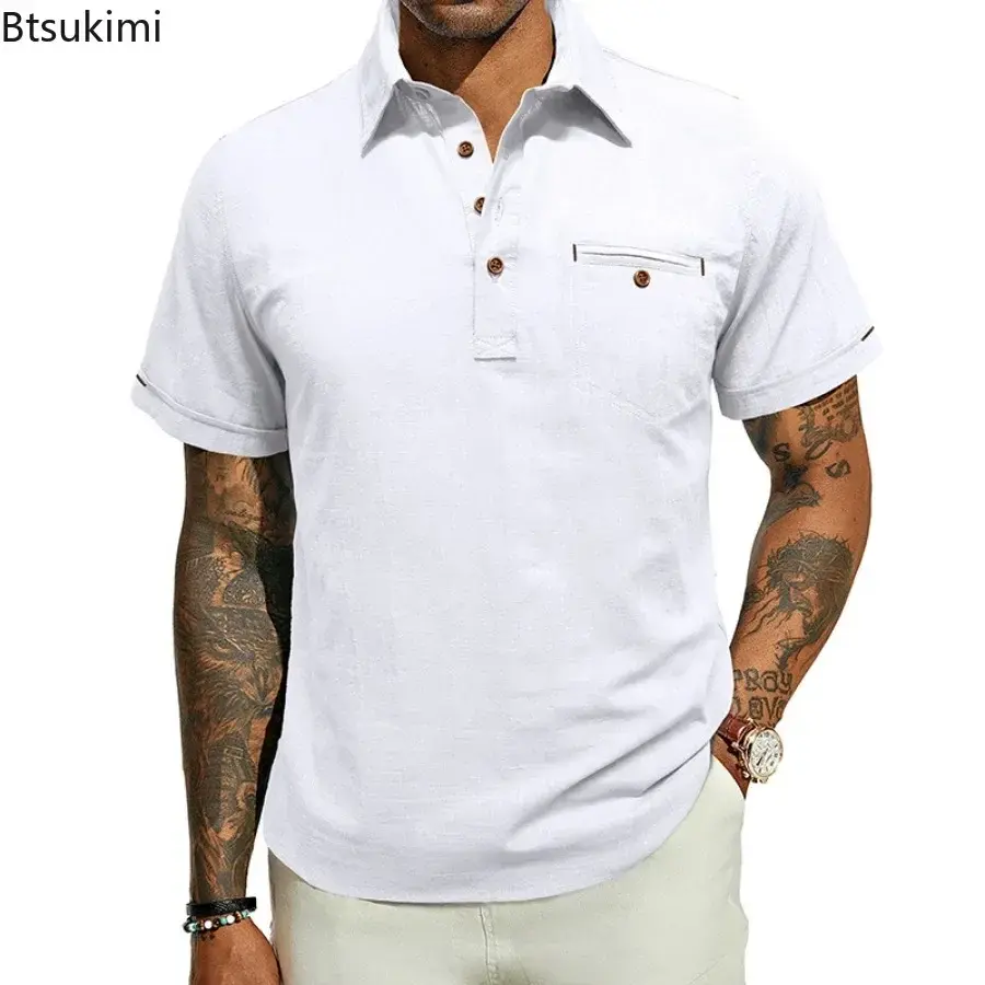 2025 Men's Breathable Cotton Linen Casual Shirts Fashion Button Lapel Short-sleeved Pullover Tops Men Solid Loose Beach Blouses