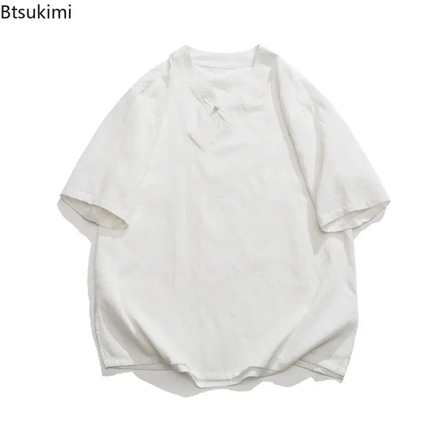 2025 Traditional Chinese Hanfu Tops Men's Loose Casual T-shirt Kimono Breathable Retro Cotton Linen Shirt TaiChi Kung Fu Uniform