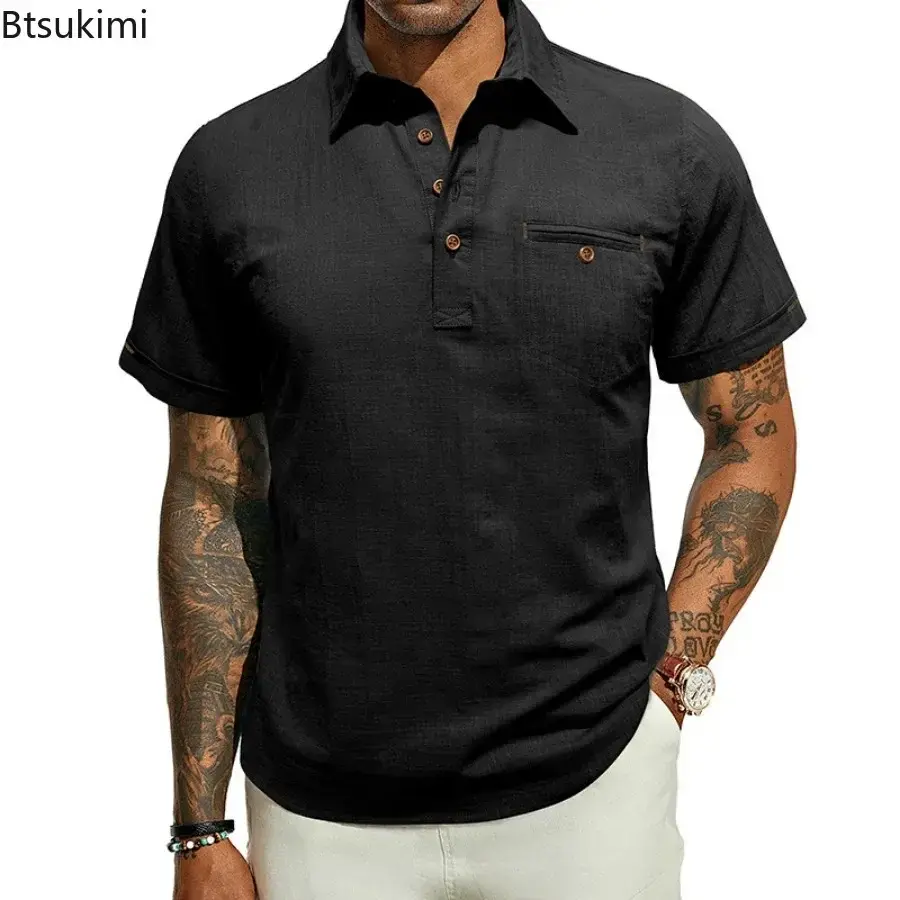 2025 Men's Breathable Cotton Linen Casual Shirts Fashion Button Lapel Short-sleeved Pullover Tops Men Solid Loose Beach Blouses
