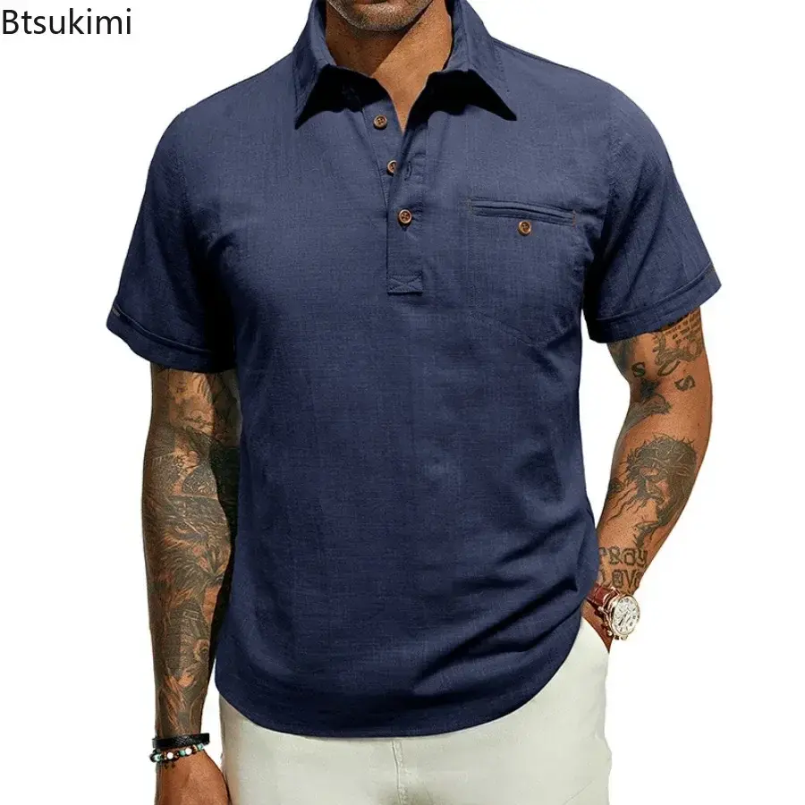 2025 Men's Breathable Cotton Linen Casual Shirts Fashion Button Lapel Short-sleeved Pullover Tops Men Solid Loose Beach Blouses