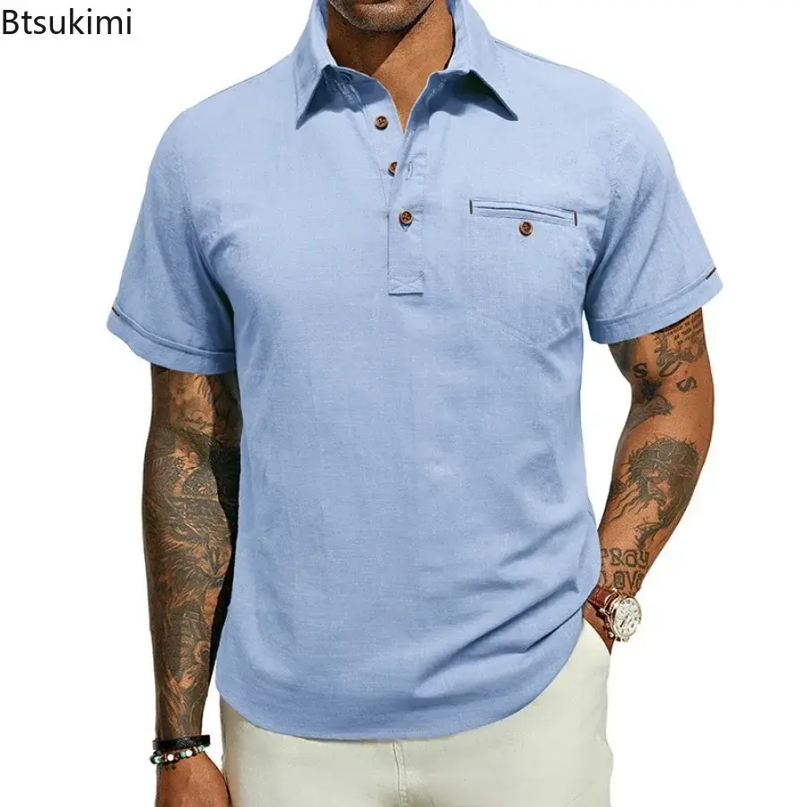 2025 Men's Breathable Cotton Linen Casual Shirts Fashion Button Lapel Short-sleeved Pullover Tops Men Solid Loose Beach Blouses